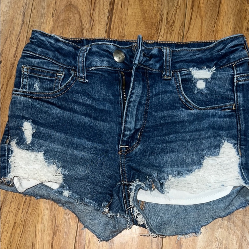 American Eagle Blue Distressed Jean Shorts Frayed Hem Size 4